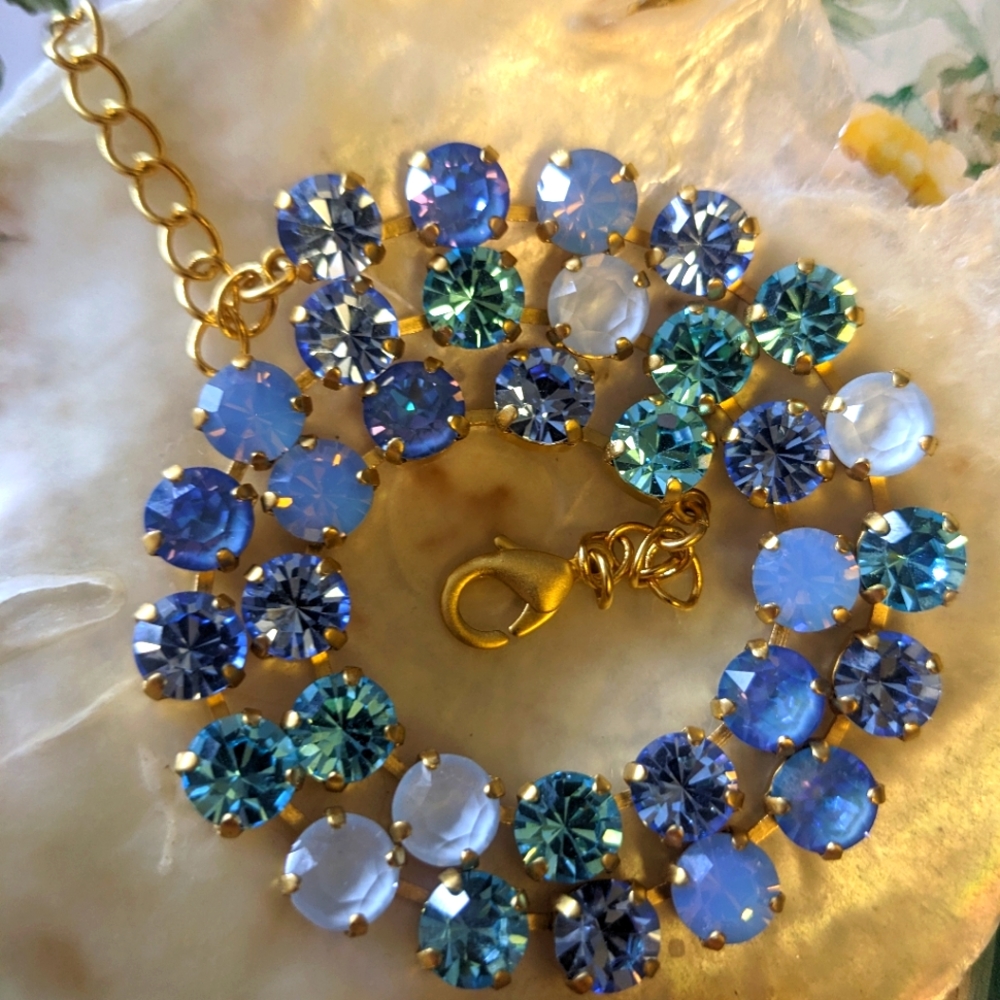Ice Blue Genuine Swarovski Crystals In Classic Gold Plated Tennis Necklace